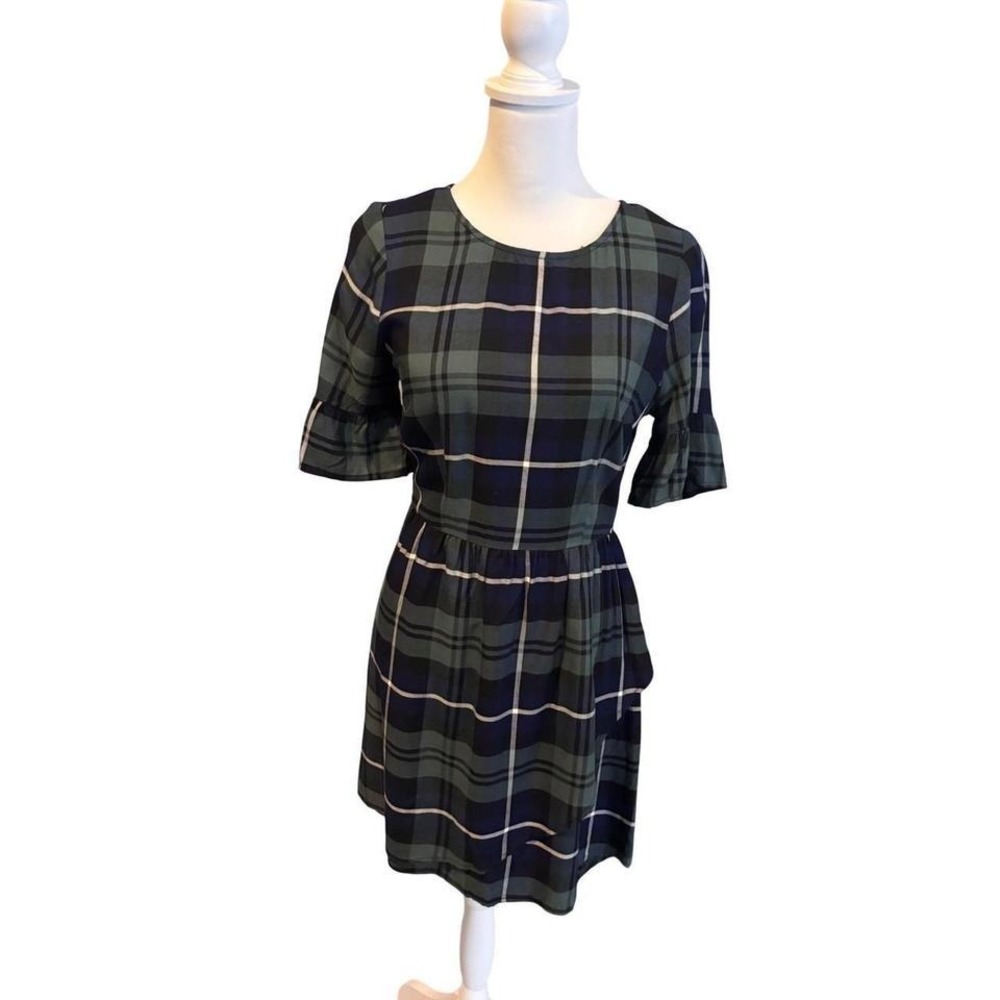 Preppy Speechless Green Navy Blue Plaid Fit and Flare Dress Ruffle Sleeve SZ S